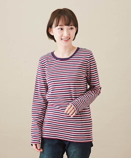 CUBE SUGAR（キューブシュガー）の「ショートスラブフライス ボーダー 長袖 クルーネック（Tシャツ/カットソー・レディース・モカ/ブラック×ホワイト/ホワイト系その他/ブラウン系その他/パープル系その他/グレー×ホワイト/マルチ/ラベンダー/ピンク/ペールイエロー/ベージュ×ブラック/ブルー系その他/キャメル/ブラック系その他・M）」の10枚目の写真