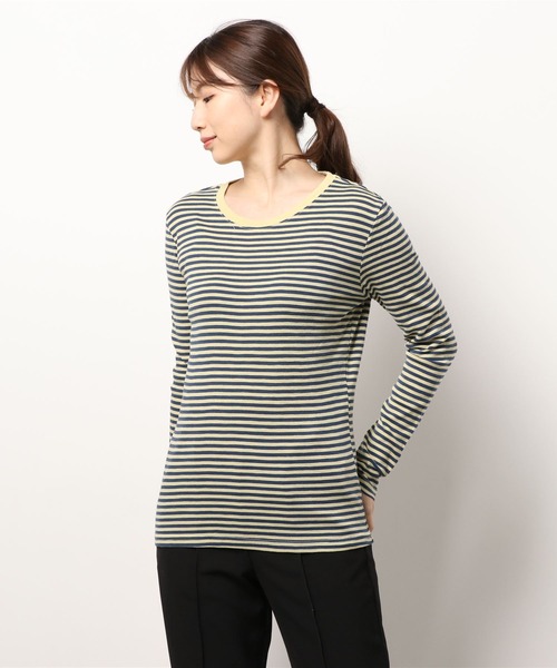 CUBE SUGAR（キューブシュガー）の「ショートスラブフライス ボーダー 長袖 クルーネック（Tシャツ/カットソー・レディース・モカ/ブラック×ホワイト/ホワイト系その他/ブラウン系その他/パープル系その他/グレー×ホワイト/マルチ/ラベンダー/ピンク/ペールイエロー/ベージュ×ブラック/ブルー系その他/キャメル/ブラック系その他・M）」の12枚目の写真