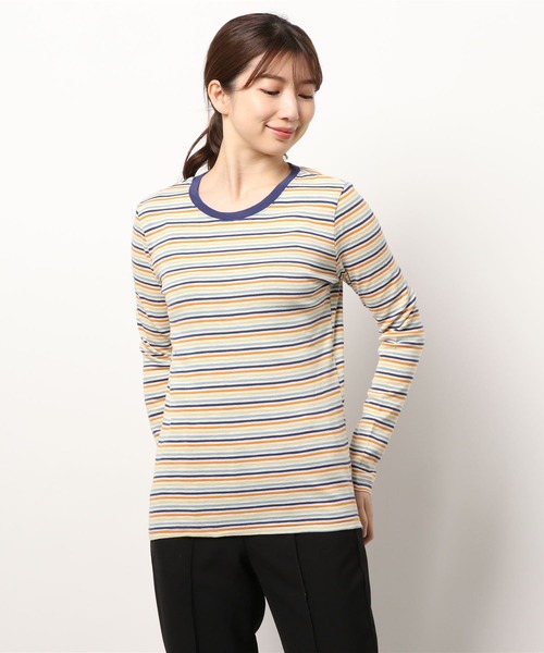 CUBE SUGAR（キューブシュガー）の「ショートスラブフライス ボーダー 長袖 クルーネック（Tシャツ/カットソー・レディース・モカ/ブラック×ホワイト/ホワイト系その他/ブラウン系その他/パープル系その他/グレー×ホワイト/マルチ/ラベンダー/ピンク/ペールイエロー/ベージュ×ブラック/ブルー系その他/キャメル/ブラック系その他・M）」の14枚目の写真