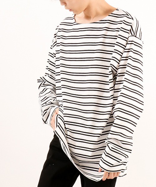SUGGESTION(サジェッション)の「【SUGGESTION】ボートネックヘビーウエイトビックシルエットボーダーバスクシャツ(Tシャツ/カットソー・メンズ・ホワイト/ブラック/グリーン/グレイッシュベージュ・M/L)」の2枚目の写真