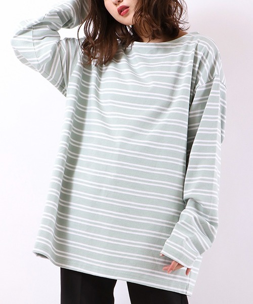 SUGGESTION(サジェッション)の「【SUGGESTION】ボートネックヘビーウエイトビックシルエットボーダーバスクシャツ(Tシャツ/カットソー・メンズ・ホワイト/ブラック/グリーン/グレイッシュベージュ・M/L)」の4枚目の写真