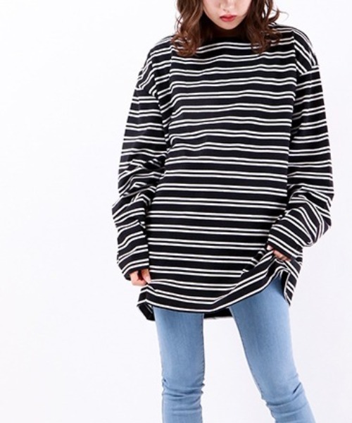 SUGGESTION(サジェッション)の「【SUGGESTION】ボートネックヘビーウエイトビックシルエットボーダーバスクシャツ(Tシャツ/カットソー・メンズ・ホワイト/ブラック/グリーン/グレイッシュベージュ・M/L)」の3枚目の写真