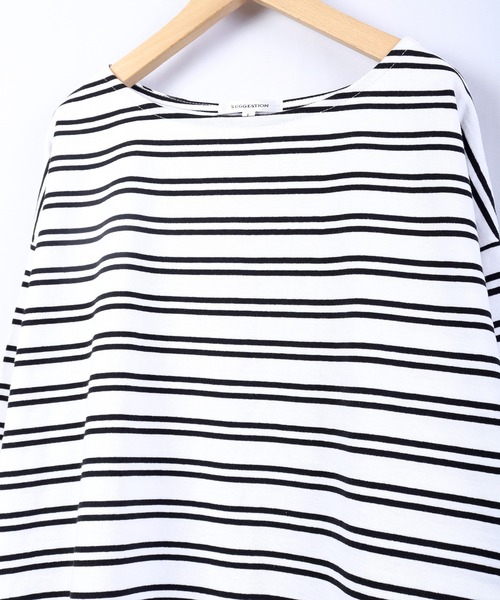SUGGESTION(サジェッション)の「【SUGGESTION】ボートネックヘビーウエイトビックシルエットボーダーバスクシャツ(Tシャツ/カットソー・メンズ・ホワイト/ブラック/グリーン/グレイッシュベージュ・M/L)」の5枚目の写真