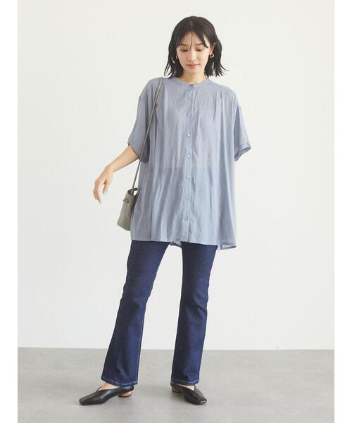 Green　Parks（グリーンパークス）の「5分袖 バックプリーツチュニック＊（シャツ/ブラウス・レディース・ブラック/ブルー・FREE）」の4枚目の写真