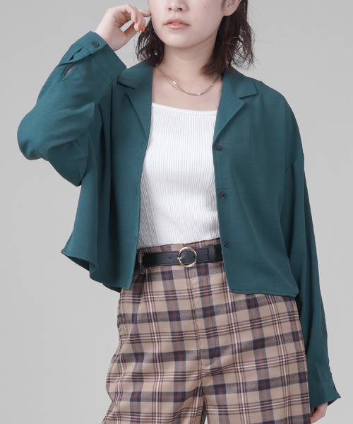 SPINNS（スピンズ）の「ショート丈開襟シャツ（シャツ/ブラウス・レディース・ブラック/ダークグリーン/オレンジ/ダークブルー/グレイッシュベージュ・ONESIZE）」の3枚目の写真