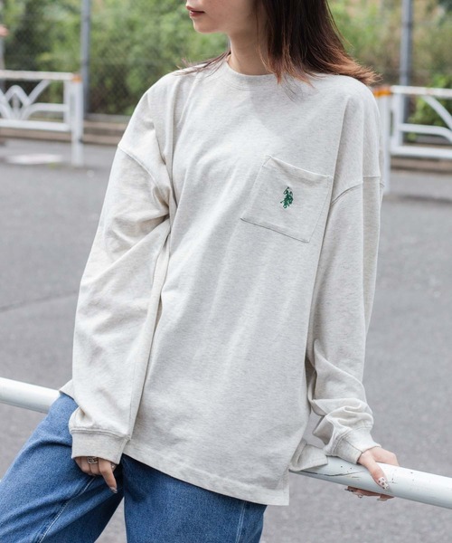 U.S. POLO ASSN.（ユーエスポロアッスン）の「∴WEGO/別注 U.S. POLOワンポイント刺繍BIGロンT（Tシャツ/カットソー・メンズ・スミクロ/オートミール/ブルー系その他/グリーン系その他/杢グレー/ベージュ系その他/パープル系その他/ダークグリーン/ホワイト/ネイビー・MEDIUM/LARGE）」の21枚目の写真