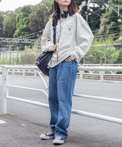 U.S. POLO ASSN.（ユーエスポロアッスン）の「∴WEGO/別注 U.S. POLOワンポイント刺繍BIGロンT（Tシャツ/カットソー・メンズ・スミクロ/オートミール/ブルー系その他/グリーン系その他/杢グレー/ベージュ系その他/パープル系その他/ダークグリーン/ホワイト/ネイビー・MEDIUM/LARGE）」の22枚目の写真