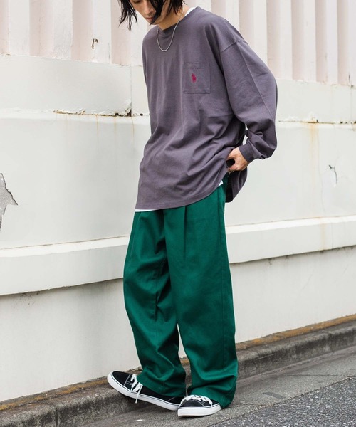 U.S. POLO ASSN.（ユーエスポロアッスン）の「∴WEGO/別注 U.S. POLOワンポイント刺繍BIGロンT（Tシャツ/カットソー・メンズ・スミクロ/オートミール/ブルー系その他/グリーン系その他/杢グレー/ベージュ系その他/パープル系その他/ダークグリーン/ホワイト/ネイビー・MEDIUM/LARGE）」の15枚目の写真