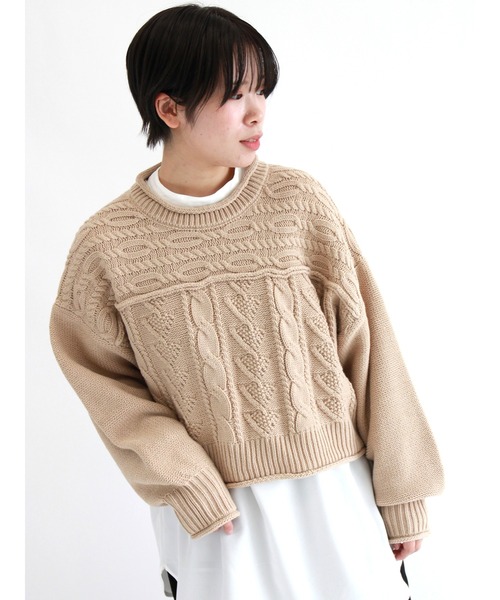 ehka sopo（エヘカソポ）の「ケーブルパッチワークニット（ニット/セーター・レディース・ブラック/ベージュ/ブルー/キナリ・ﾌﾘ-）」の3枚目の写真