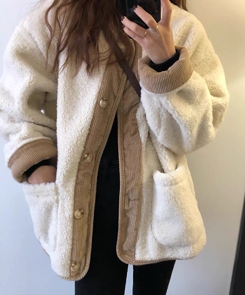 FRP（エフアールピー）の「YUGA 　ステッチコーデュロイ　フェイクラムファージャケット（ブルゾン・レディース・オフホワイト/ブラウン・XL/L/M）」の2枚目の写真