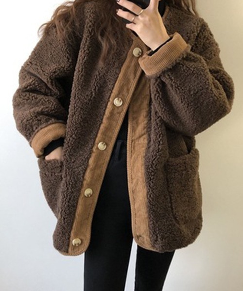 FRP（エフアールピー）の「YUGA 　ステッチコーデュロイ　フェイクラムファージャケット（ブルゾン・レディース・オフホワイト/ブラウン・XL/L/M）」の3枚目の写真