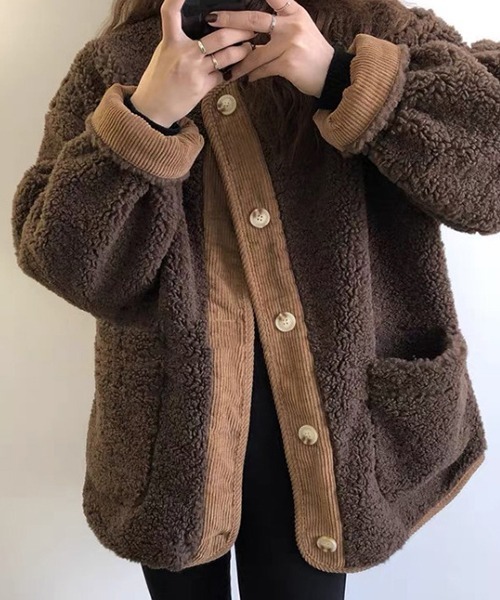 FRP（エフアールピー）の「YUGA 　ステッチコーデュロイ　フェイクラムファージャケット（ブルゾン・レディース・オフホワイト/ブラウン・XL/L/M）」の6枚目の写真