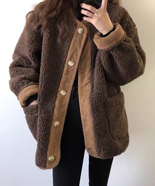 FRP（エフアールピー）の「YUGA 　ステッチコーデュロイ　フェイクラムファージャケット（ブルゾン・レディース・オフホワイト/ブラウン・XL/L/M）」の4枚目の写真