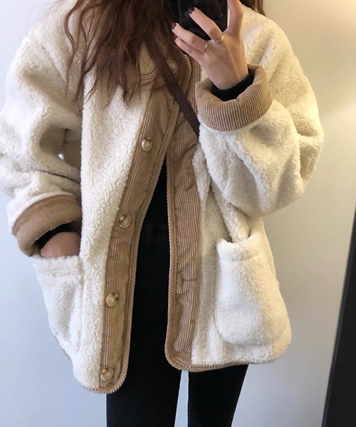 FRP（エフアールピー）の「YUGA 　ステッチコーデュロイ　フェイクラムファージャケット（ブルゾン・レディース・オフホワイト/ブラウン・XL/L/M）」の5枚目の写真