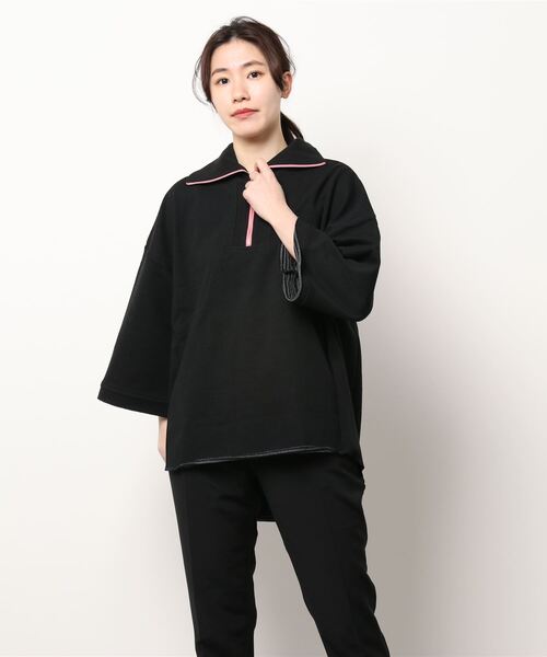 Q(キュー)の「ハーフジップ リブカラースウェット(スウェット・レディース・ブラック/アイボリー・MEDIUM)」の9枚目の写真