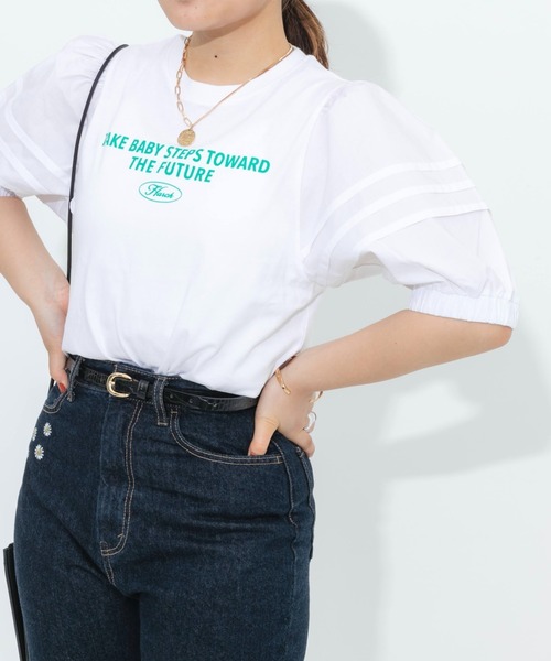 nemne store（ネンネストア）の「ボリューム袖異素材ロゴプリントTシャツ（Tシャツ/カットソー・レディース・オフホワイト/オレンジ/スミクロ・フリー）」の22枚目の写真