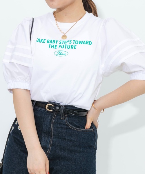 nemne store（ネンネストア）の「ボリューム袖異素材ロゴプリントTシャツ（Tシャツ/カットソー・レディース・オフホワイト/オレンジ/スミクロ・フリー）」の21枚目の写真