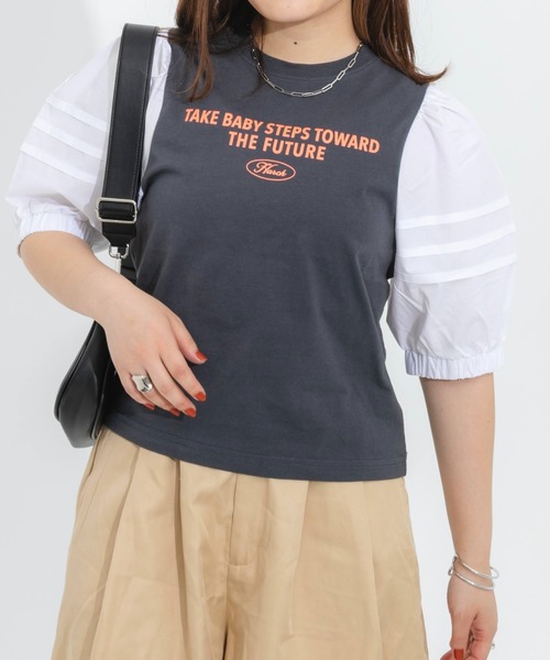 nemne store（ネンネストア）の「ボリューム袖異素材ロゴプリントTシャツ（Tシャツ/カットソー・レディース・オフホワイト/オレンジ/スミクロ・フリー）」の14枚目の写真