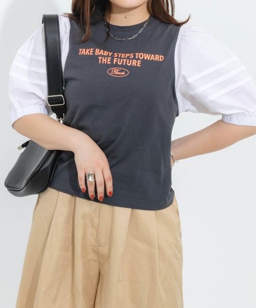 nemne store（ネンネストア）の「ボリューム袖異素材ロゴプリントTシャツ（Tシャツ/カットソー・レディース・オフホワイト/オレンジ/スミクロ・フリー）」の13枚目の写真