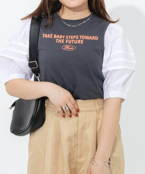 nemne store（ネンネストア）の「ボリューム袖異素材ロゴプリントTシャツ（Tシャツ/カットソー・レディース・オフホワイト/オレンジ/スミクロ・フリー）」の10枚目の写真