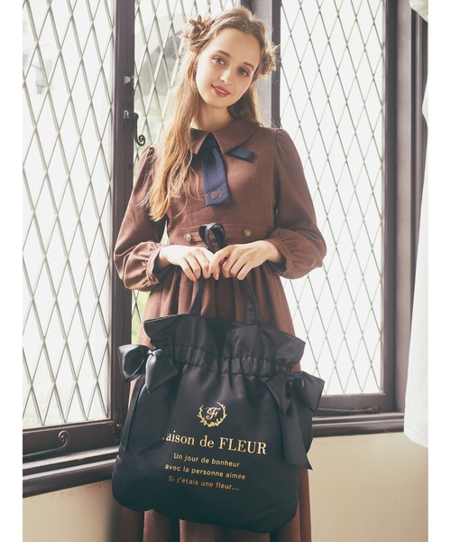 Maison de FLEUR(メゾンドフルール)の「ダブルリボンギャザートートバッグ(トートバッグ)」|ブラック