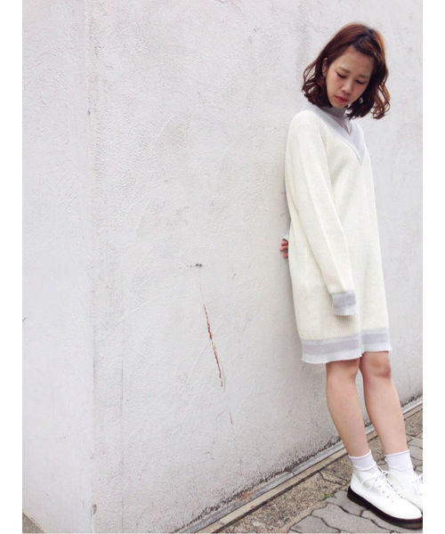 Kastane（カスタネ）の「【Kastane】配色リブニットワンピース（ニット/セーター・レディース・グレー/アイボリー・FREE）」の2枚目の写真
