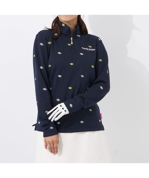 marie claire(マリ・クレール)の「marie claire GOLF/マリクレール ゴルフ ジップハイネックシャツ 長袖 ハーフジップ 裏シャギー 飛び柄 UVカット Tシャツ 防寒 保温 レディース(Tシャツ/カットソー・レディース・ネイビー/オフホワイト/グレー/ブルー・LL/3L/L/M)」の2枚目の写真