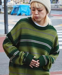 マルチボーダー ビッグシルエット クルーネックプルオーバーニット