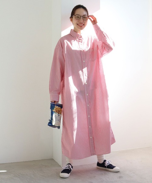PAR ICI（パーリッシィ）の「【WEB別注】オックス/ストライプ ボタンダウンばさっとシャツワンピース（シャツワンピース・レディース・レッド/グリーン/ブルー・FREE）」の6枚目の写真