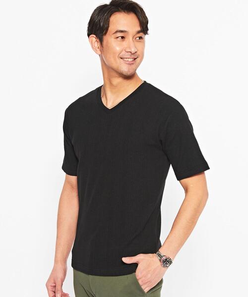 green label relaxing(グリーンレーベルリラクシング)の「【WEB限定】JUSTFIT ハリヌキ ワッフル Vネック 半袖 カットソー(Tシャツ/カットソー・メンズ・ブラック/ホワイト/モカ・XL/M/L/S)」の2枚目の写真