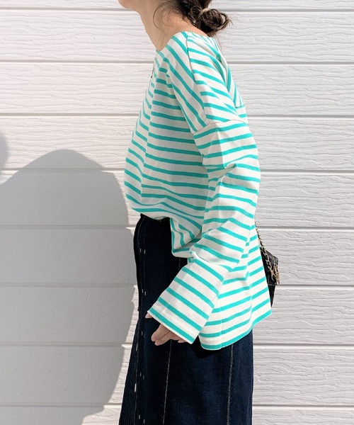 Q（キュー）の「ボーダースリットロンT（Tシャツ/カットソー・レディース・ネイビー系/グリーン系その他・MEDIUM）」の13枚目の写真