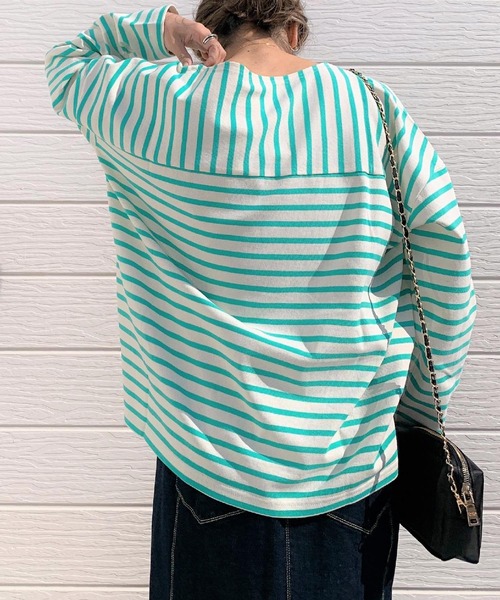 Q（キュー）の「ボーダースリットロンT（Tシャツ/カットソー・レディース・ネイビー系/グリーン系その他・MEDIUM）」の14枚目の写真