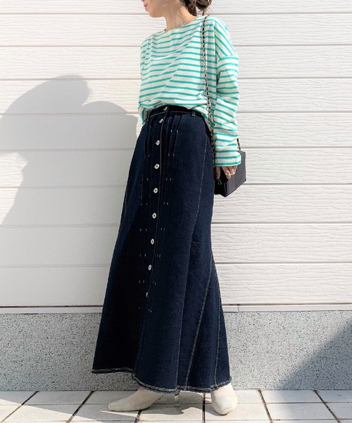 Q（キュー）の「ボーダースリットロンT（Tシャツ/カットソー・レディース・ネイビー系/グリーン系その他・MEDIUM）」の18枚目の写真