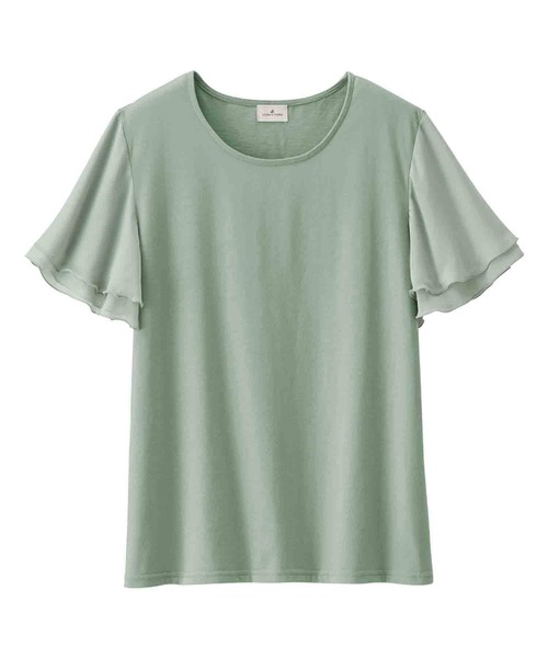 Viola e Viola（ヴィオラエヴィオラ）の「袖シフォンゆるＴシャツ（Tシャツ/カットソー・レディース・キャメル/ネイビー/ブルー系その他/ブラック系その他/ライトグレー/イエロー/カーキ/チャコール/ラベンダー/オフホワイト/ベージュ/ブラック/ピンク/ミント/ダークグレー/ブラック系その他2/ダークグリーン/ドット・XXX-LARGE/MEDIUM/XXXX-LARGE/XX-LARGE/LARGE/X-LARGE）」の11枚目の写真