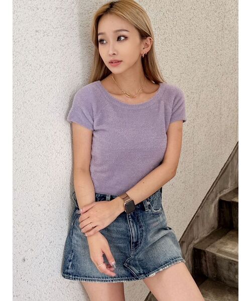 GYDA(ジェイダ)の「シャギーハーフスリーブニットTOPS(ニット/セーター・レディース・ベージュ/パープル/オフホワイト・FREE)」の3枚目の写真