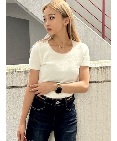 GYDA(ジェイダ)の「シャギーハーフスリーブニットTOPS(ニット/セーター・レディース・ベージュ/パープル/オフホワイト・FREE)」の1枚目の写真