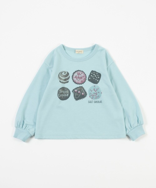 trois lapins kp（トロワラパンケーピー）の「チョコレート柄 ミニ裏毛トレーナー(100~140cm)（スウェット・キッズ・ナチュラル/サックスブルー・120cm/130cm/140cm/110cm/100cm）」の2枚目の写真
