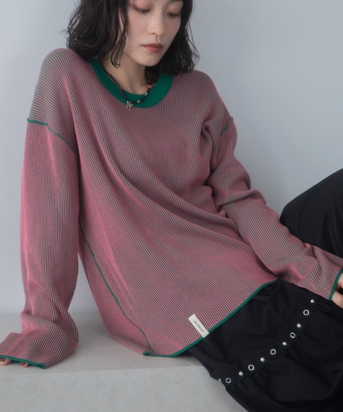 VACANCY（ヴァカンシー）の「プレーティング配色リブトップス/ユニセックス/新色追加（Tシャツ/カットソー・レディース・グリーン/オレンジ/ブルー/ブラック/ダークブルー/ボルドー/パープル/カーキ/ダークグリーン/イエロー・FREE）」の2枚目の写真