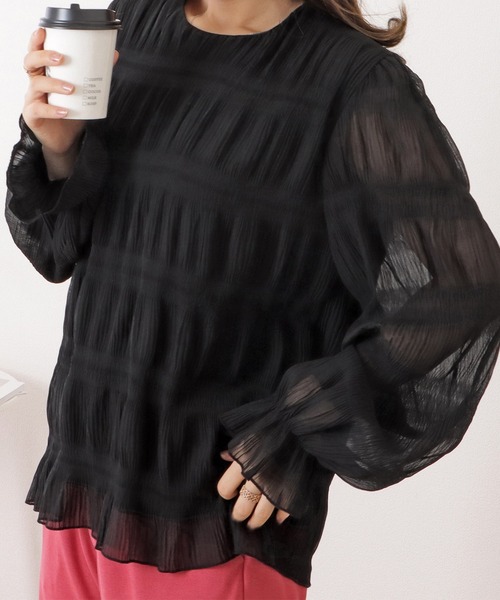 Lace Ladies(レースレディース)の「シャーリングシアーロングスリーブプルオーバー(シャツ/ブラウス・レディース・ブラック/アイボリー・M/XL)」の1枚目の写真