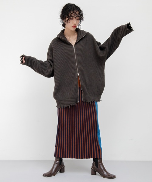 VACANCY（ヴァカンシー）の「プレーティング配色リブニットスカート（スカート・レディース・ブラック/ブラウン・FREE）」の9枚目の写真