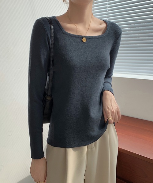 MILAE（ミレ）の「ベーシックスクエアネックニットトップス（ニット/セーター・レディース・オートミール/ダークブルー/ホワイト/ブラウン/ブラック/ライトベージュ・FREE）」の9枚目の写真