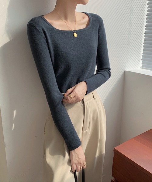 MILAE（ミレ）の「ベーシックスクエアネックニットトップス（ニット/セーター・レディース・オートミール/ダークブルー/ホワイト/ブラウン/ブラック/ライトベージュ・FREE）」の11枚目の写真