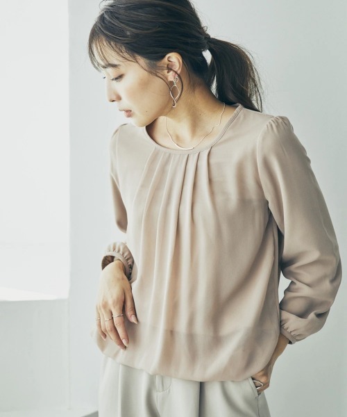 Petitjo（プッチージョ）の「小さいサイズ　こっそりあったかシフォン長袖ブラウス（裏起毛カットソー裏地付き）　低身長さん・小柄女性（シャツ/ブラウス・レディース・パープル/ベージュ/オフホワイト/ネイビー/グレー・PM/PS(XS－S)/PL/PS）」の16枚目の写真