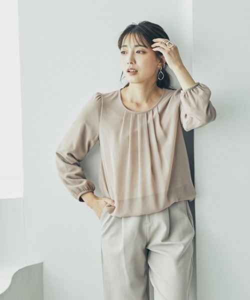 Petitjo（プッチージョ）の「小さいサイズ　こっそりあったかシフォン長袖ブラウス（裏起毛カットソー裏地付き）　低身長さん・小柄女性（シャツ/ブラウス・レディース・パープル/ベージュ/オフホワイト/ネイビー/グレー・PM/PS(XS－S)/PL/PS）」の19枚目の写真