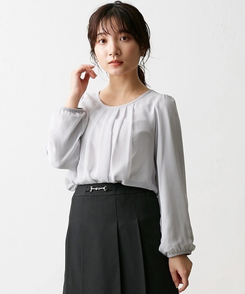 Petitjo（プッチージョ）の「小さいサイズ　こっそりあったかシフォン長袖ブラウス（裏起毛カットソー裏地付き）　低身長さん・小柄女性（シャツ/ブラウス・レディース・パープル/ベージュ/オフホワイト/ネイビー/グレー・PM/PS(XS－S)/PL/PS）」の10枚目の写真