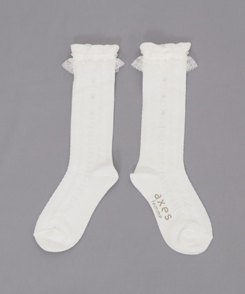 axes femme(アクシーズファム)の「ハート編みハイソックス(ソックス/靴下・キッズ・ネイビー/ホワイト・FREE)」の3枚目の写真