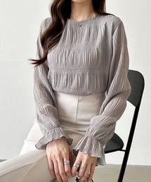 一枚で華やぐ上品透け感 エアリーシャーリングシアーブラウス フレアスリーブ シアーブラウス ラウンドネック ブラウス 裏地付き 薄手風 長袖 オフィスカジュアル オケージョン フォーマル ジャケット 合わせ