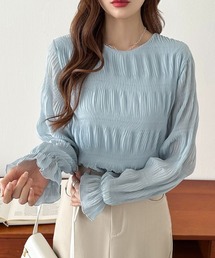 一枚で華やぐ上品透け感 エアリーシャーリングシアーブラウス フレアスリーブ シアーブラウス ラウンドネック ブラウス 裏地付き 薄手風 長袖 オフィスカジュアル オケージョン フォーマル ジャケット 合わせ