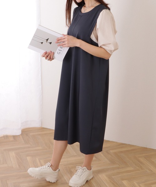 Lace Ladies(レースレディース)の「バルーン袖 異素材 ドッキング 5分袖 ロング ワンピース(ワンピース・レディース・グレー/ブラック/グレイッシュベージュ/ネイビー・S/FREE)」の9枚目の写真