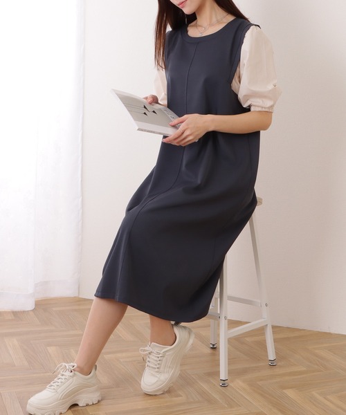 Lace Ladies(レースレディース)の「バルーン袖 異素材 ドッキング 5分袖 ロング ワンピース(ワンピース・レディース・グレー/ブラック/グレイッシュベージュ/ネイビー・S/FREE)」の13枚目の写真